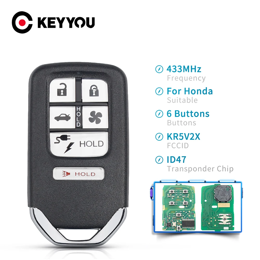 

Запасные лезвия KEYYOU KR5V2X, 434 МГц, 5 + 1, 6 кнопок Smart дистанционный ключ-брелок от машины для Honda Clarity 2018, с чипом ID47