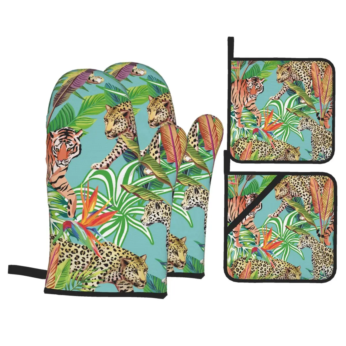 

4 Pieces Oven Gloves Mitts Tiger And Leopards In The Jungle Kitchen Gloves Tray Dish Bowl Holder Baking Insulation Hand Clip