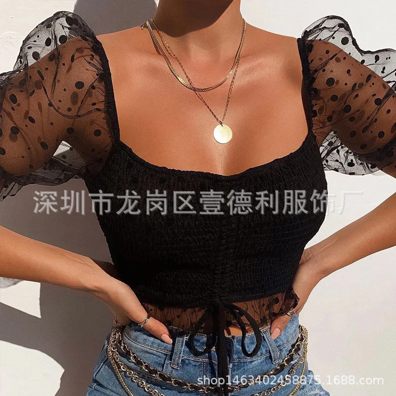 

Donsignet Women Tshirts Gauze Tops Polka Dot Printed Puff Sleeve Fashion Drawstring Short Women Tops Sexy Square Collar Blouse
