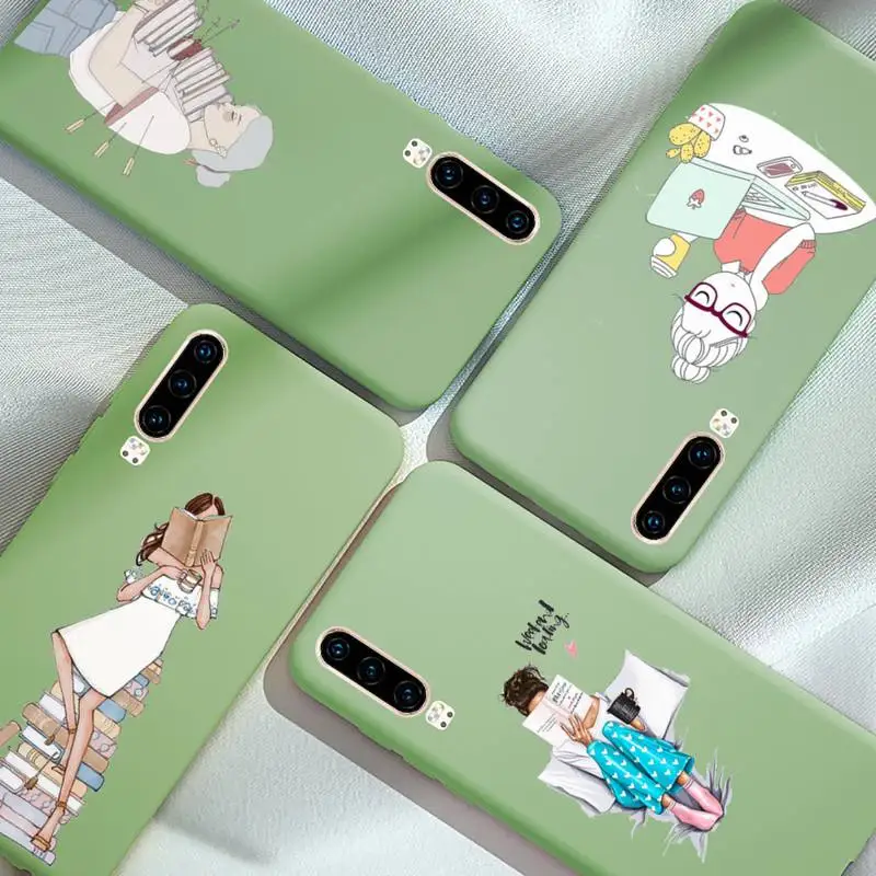 

Book girl cartoon coffee Phone Case Candy Color for iPhone 6 7 8 11 12 s mini pro X XS XR MAX Plus