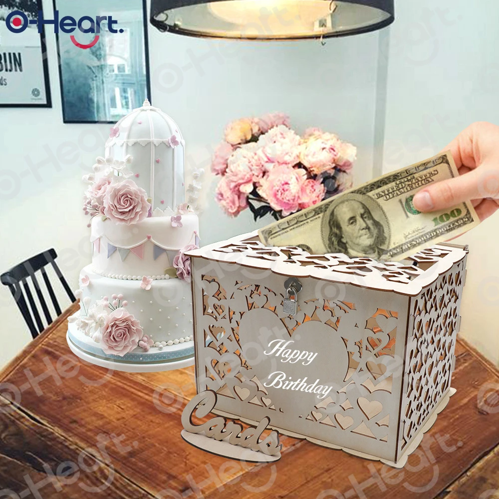 OHEART Diy коробка для приглашения на свадьбу деревянная деревенская Подарочная коробка с замком коробка для денег полые сердца в форме коробка подарочной карточки и карты знак на день рождения