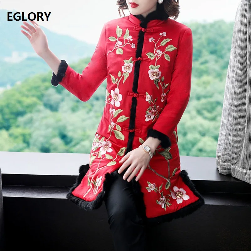 Женская длинная парка с вышивкой винтажная в стиле пэчворк кроличьим мехом