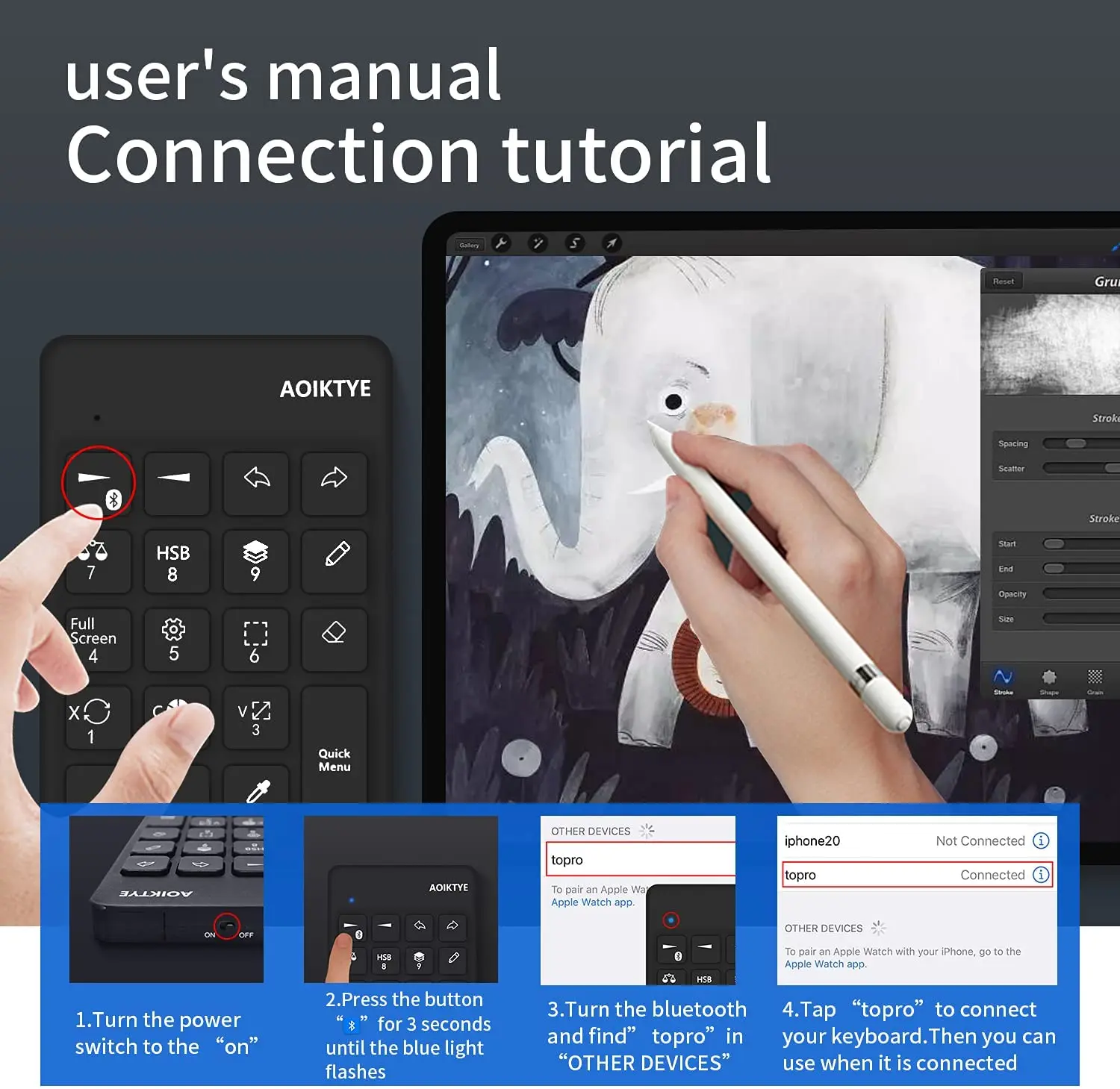 Беспроводная клавиатура Aoiktye 2 для Procreate artstudio ， ps Клавиатура рисования ярлыков