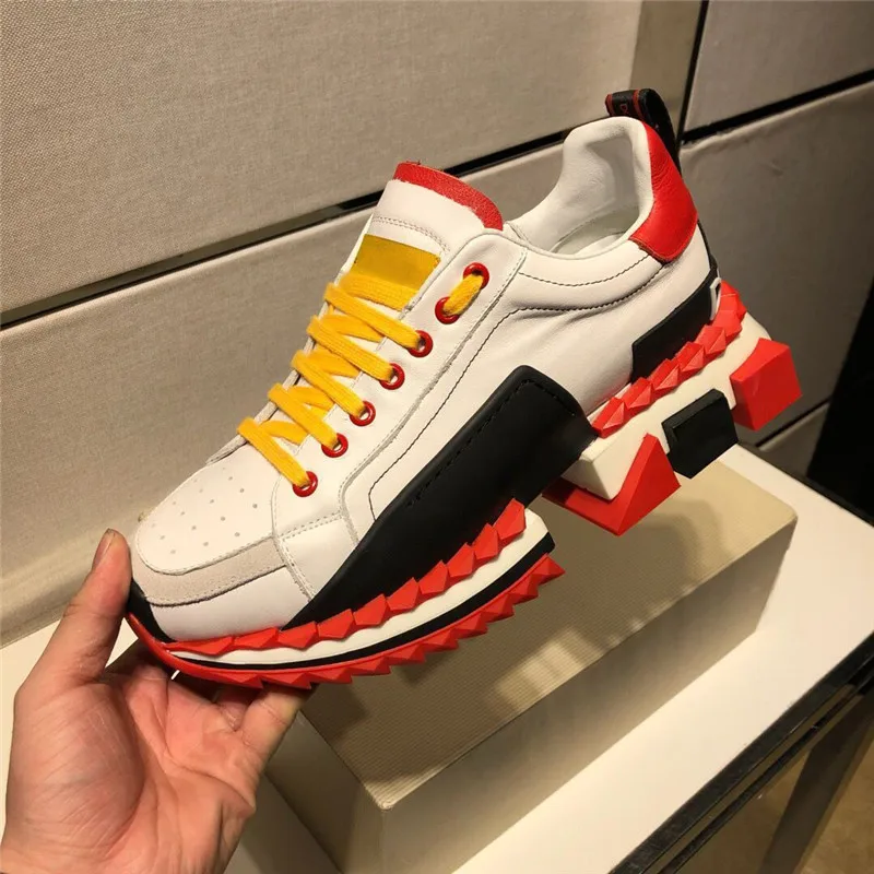 splice color lace-up high quality super king sneakers Genuine Leather with red rubber sole design Height Increasing | Обувь
