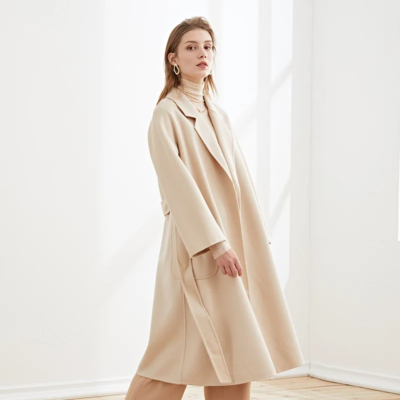 

High Quality 100% Wool Water Ripple Double-Sided Woolen Coats Women Solid Color Lapel With Belt Warm Long Overcoat Autumn 2021