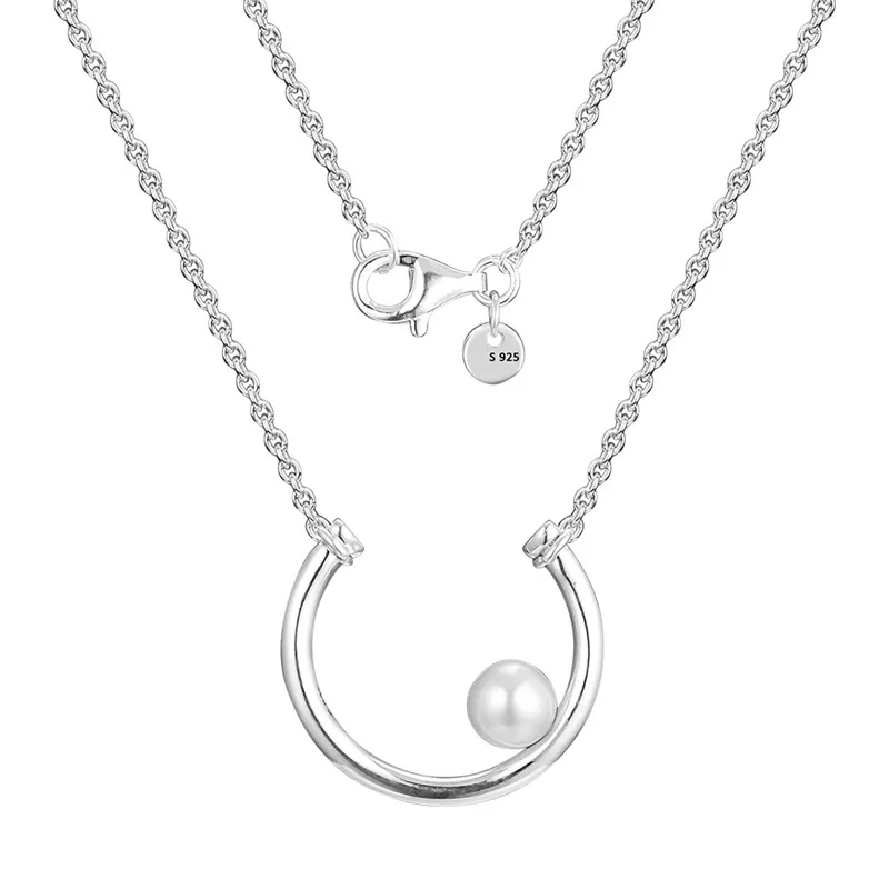 

White Pearl Circle Pendant Necklaces for Women 925 Sterling Silver Necklaces Jewelry Long Chain Choker Necklace Female Collier