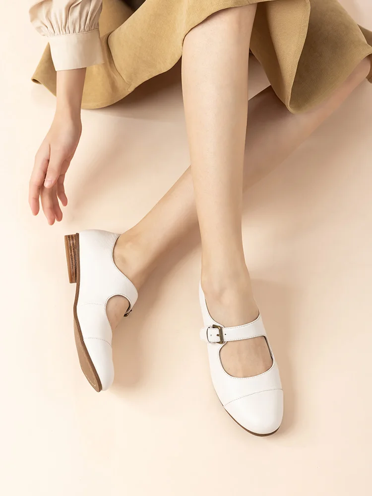 

INMAN Autumn French Style Grandma Vintage Soft Nude Women Sheep Skin Leather Metal Buckle Clousure Round Toe Ladies Flat Shoes