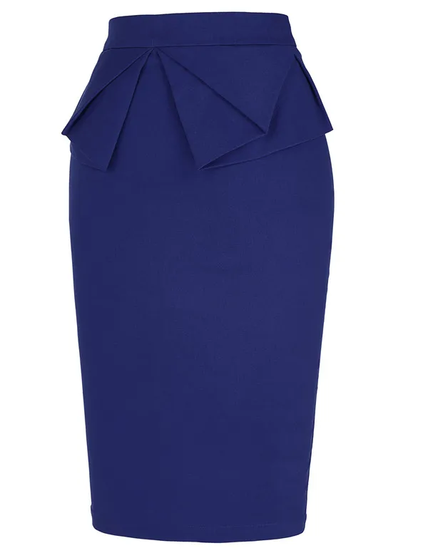 Navy Blue OL юбки женские винтажные Ретро сплошной цвет высокая эластичная Однотонная юбка-карандаш с бантом и рюшами длиной до колена для офиса - Цвет: Navy Blue