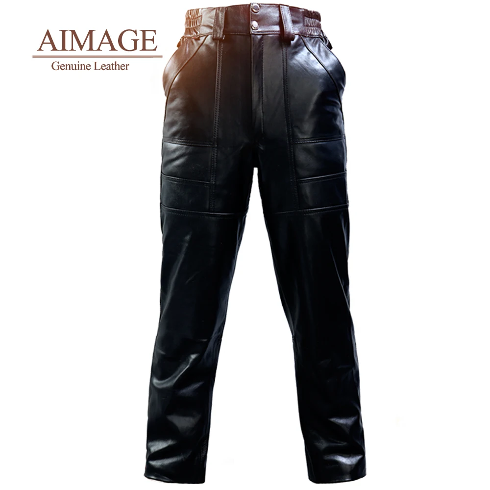 Autumn and winter leather pants men's high waist motorcycle  trousers 100% Genuine Real sheepskin pants windproof and waterproof