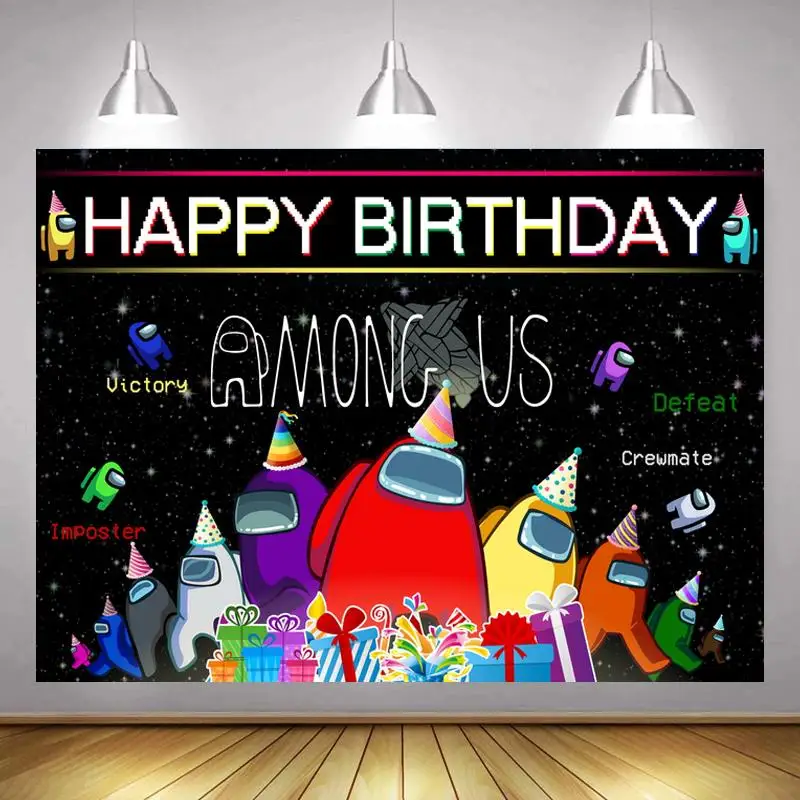 Happy Birthday Among US Kids Party Backdrop Gifts Cake Table Decor Poster Black Colorful Rockets Photo Backgrounds | Электроника