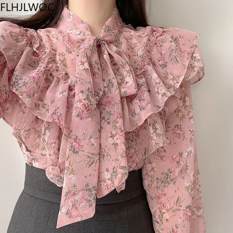 

Vintage Solid Shirts Long Sleeve Single Breasted Button Cute Sweet Bow Tie Women Korea Japan Style Ruffled Chic Pink Tops Blusas
