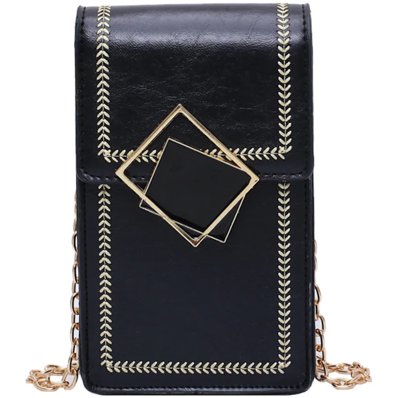 

Women Mobile Phone Bag Korean Style Solid Color Metal Buckle Handbag Fashion Chain Messenger Bag Classic Female Small Square Bag