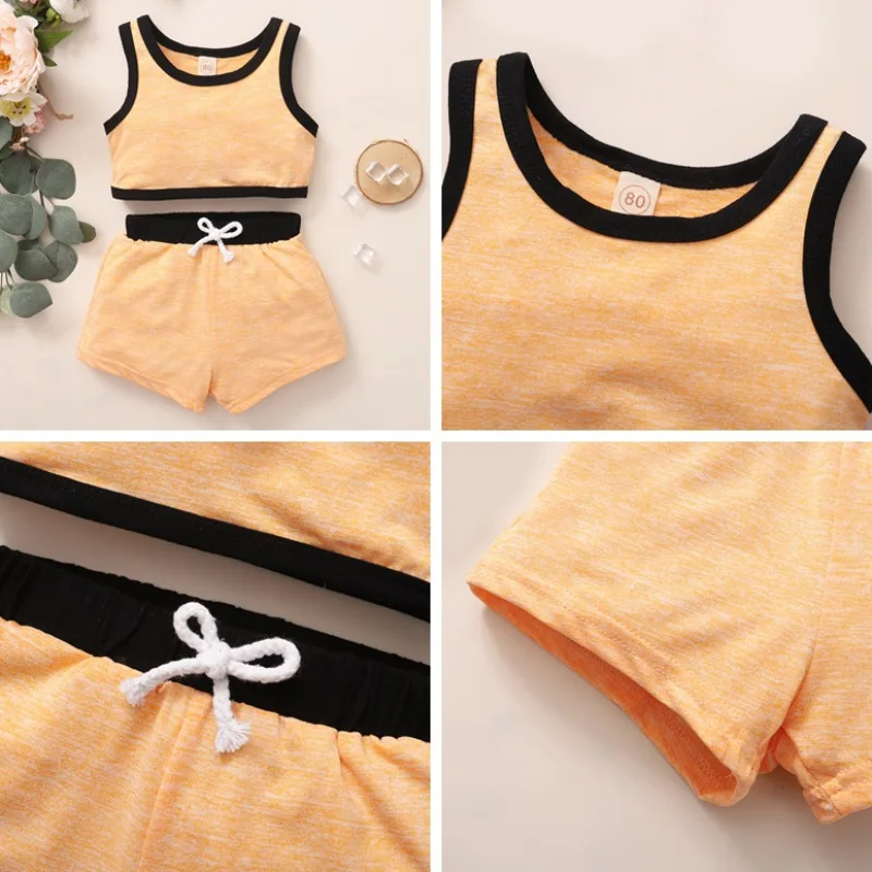 

Baby Kids Girl Clothes Sets Summer Cotton Sleeveless Casual Solid Print Pattern Vest Tops+Shorts Outfits Set