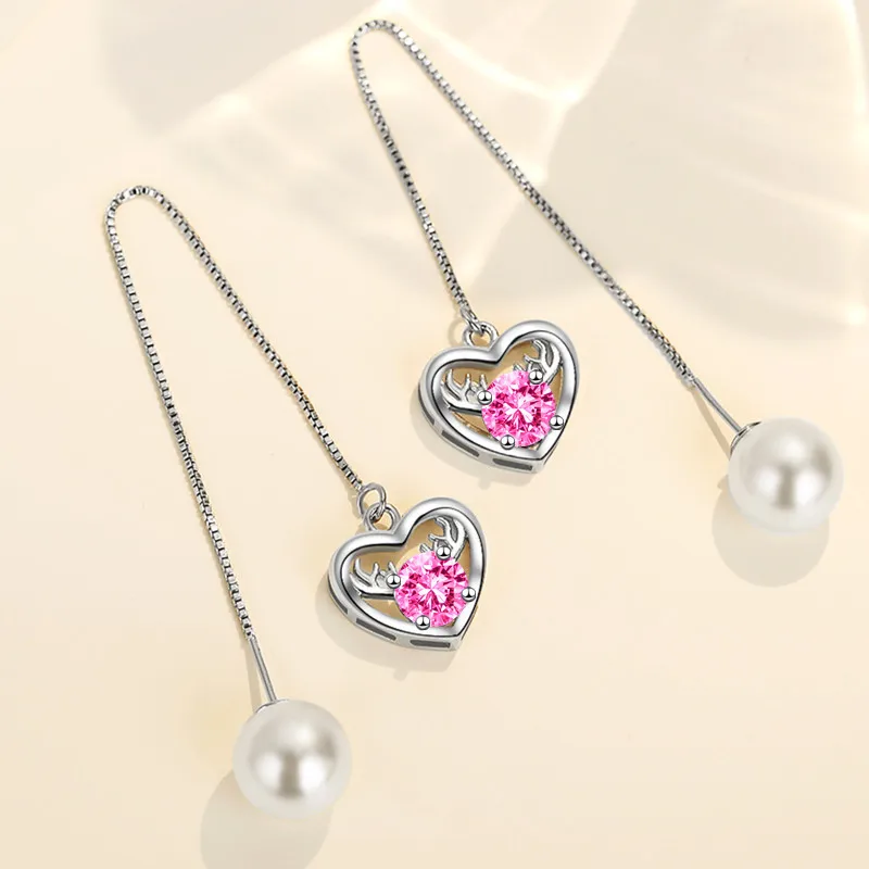 

NEHZY 925 Sterling Silver New Woman Fashion Jewelry Ear Line Crystal Zircon Pearl Long Tassel Heart-shaped Deer Head Earrings