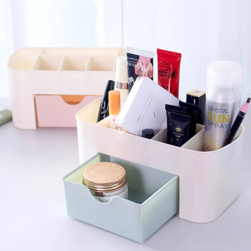 Plastic Makeup Organizer Make Up Brush Storage box with Drawer Cotton Swabs Stick case escritori Pink Blue Green | Дом и сад