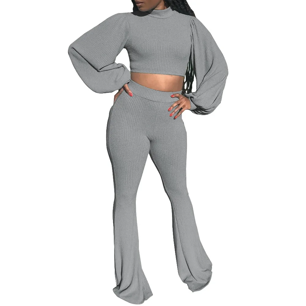 

Fashion Casual Women Sports Sets Round-Turn Lantern Sleeve Skinny Tops High Waist Bodycon Bell Bottoms Tracksuits Street Style