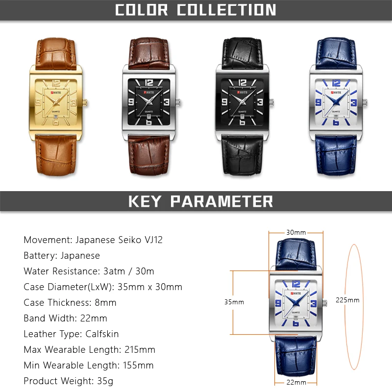 

PHSTE Brand Men Watches Square Analog Quartz Watch for Men Japan Movement Date Genuine Blue Leather Waterproof Male Wrist Watch