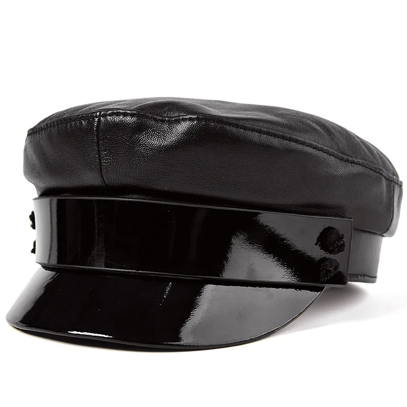 

QPALCR Black Genuine Leather Military Hats Women Casual Flat Top Sailor Cap Female Lady Luxury Sheepskin Fashion Hat