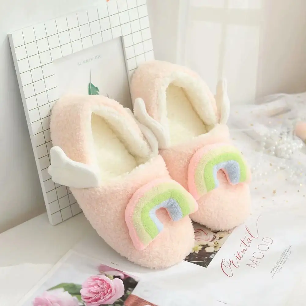 Sweet girl heart three-dimensional rainbow wings anti slip floor shoes in autumn and winter warm home shoes indoor cotton slippe