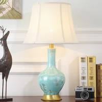 chinese simple blue ceramic vase table lamp european cloth bedroom living room decor led e27 copper lighting desk fixture