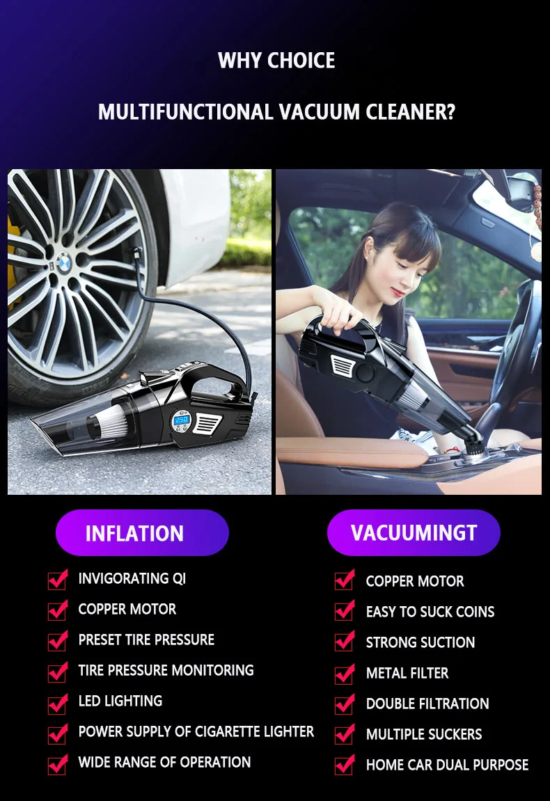 

4in1 Car Vacuum Cleaner Cordless Car Air Pump Powerful Auto Interior Accessories Household Four-in-one Cyclone Vacuum Cleaning