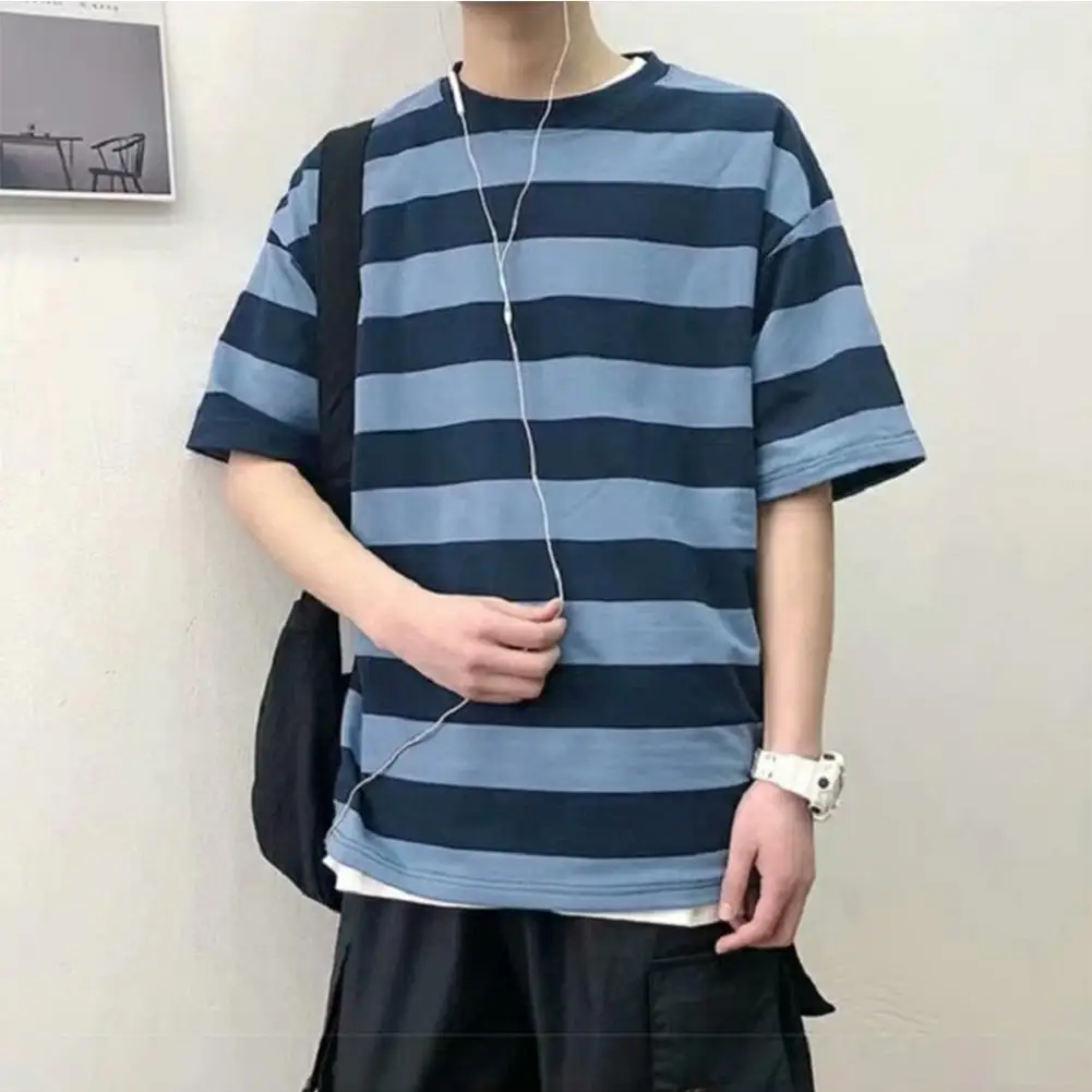 Yiwa Лето круглый мужской воротник футболки Полосатый Узор Половина рукава