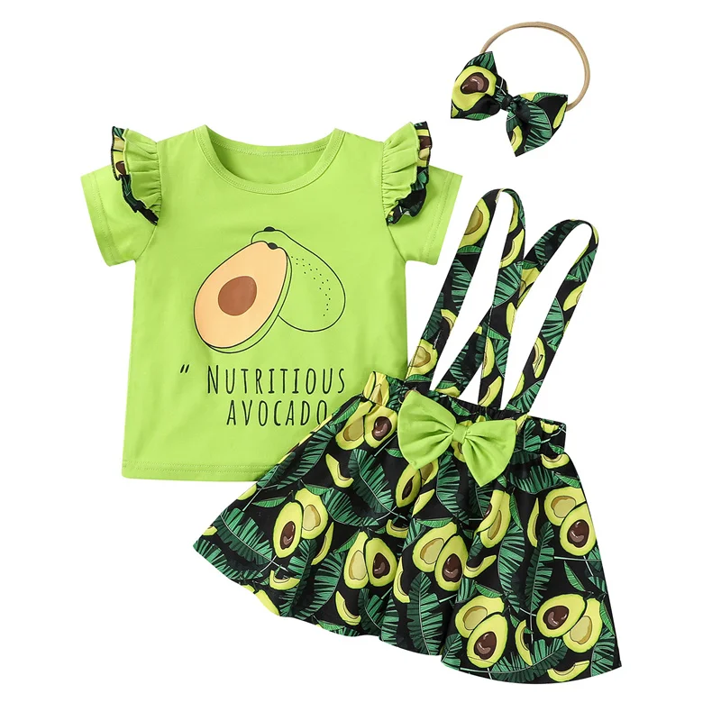 

Baby Girls Skirt Suit Three Pieces Fashion Print Short Sleeve T-shirt and Bow Suspender Skirt with Headband