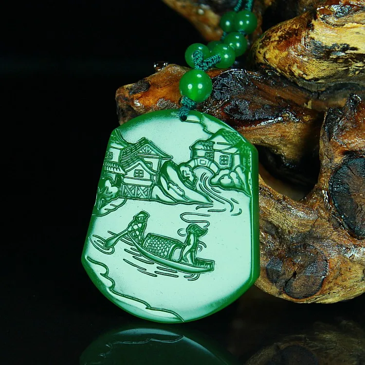 Chinese Natural Colour Jade Landscape Pendant Beads Necklace Hand-Carved Charm Jadeite Jewelry Fashion Gifts for Men Women | Украшения и