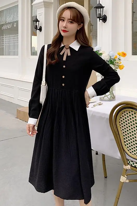 

Autumn Winter Long Sleeve Academy Arts Women Dress Fengsen Mid Length Pleated Fairy Dress Turn Down Collar Bow Sweet Dresses
