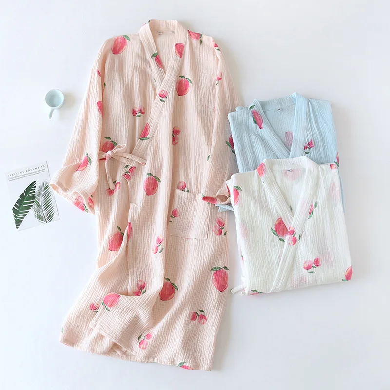 

Spring / Autumn New Japanese Kimono Robes Long Sleeve 100% Cotton Crepe Gauze Bathrobe Loose and Soft Peach Print Housewear 2021