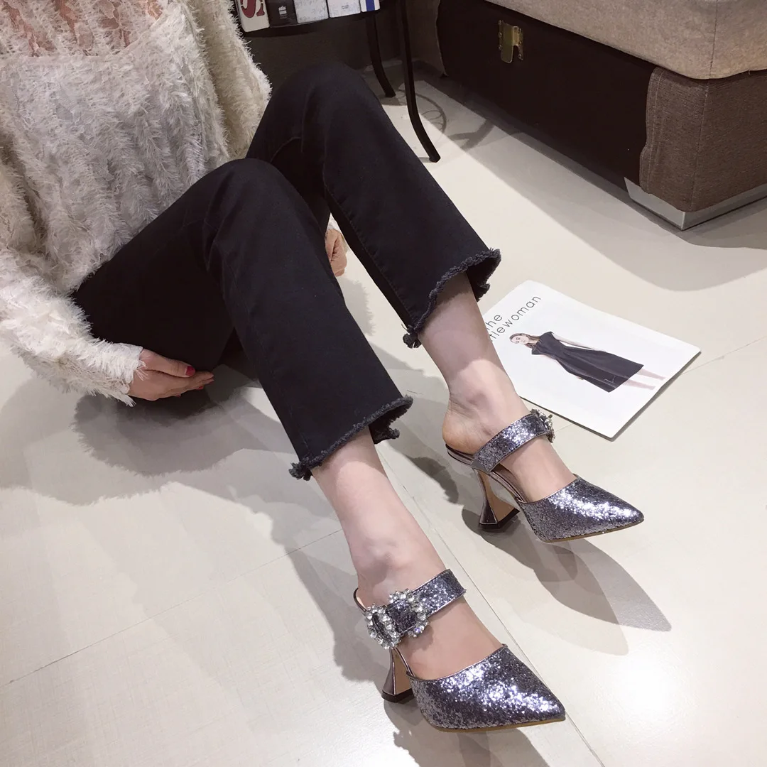 

Natacha Women Pumps Summer Buckle Pointed Toe High Heels Spike High Heels Mules Slippers Party Shoes Fashion Dress Super High PU