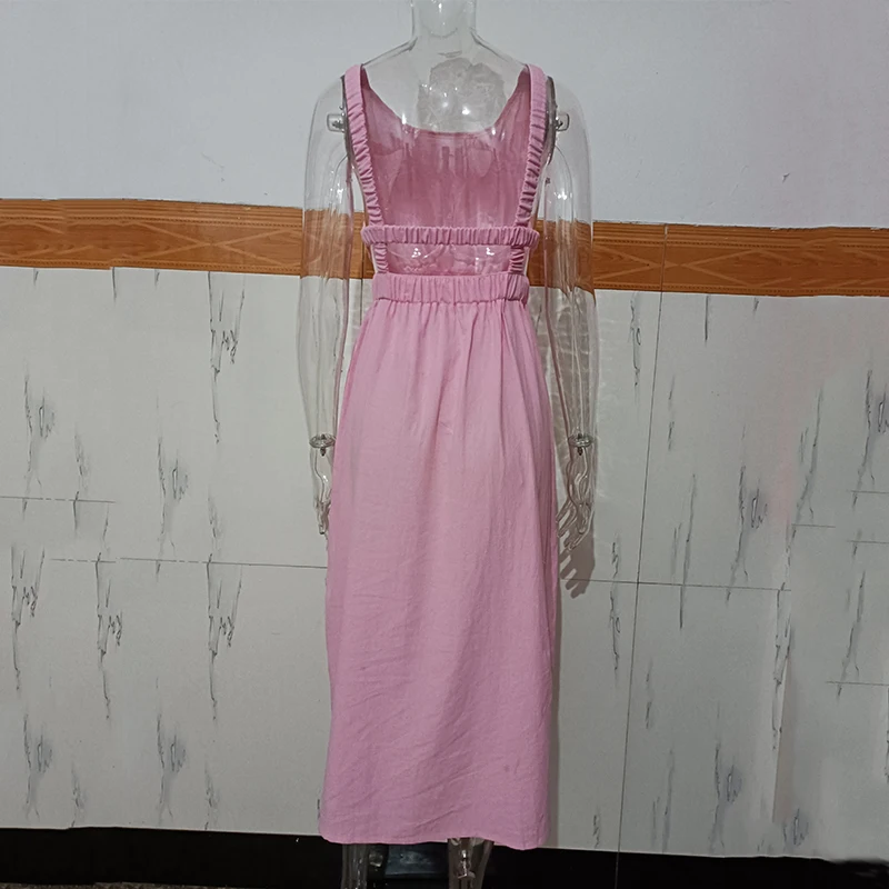 

Elegant Slim Solid Color Strap Women Dress Slip Pleated Maxi Dress Backless Vintage Summer New Female Party Dress Vestidos