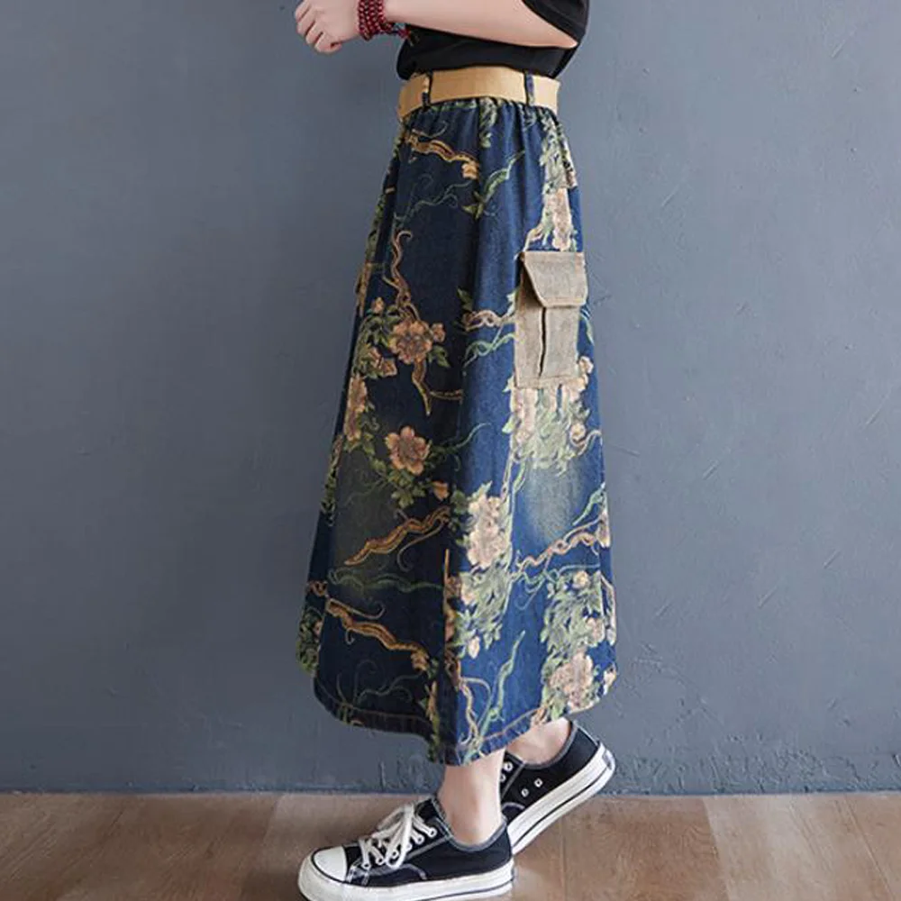 

High Waist Jeans Skirts Graffiti Floral Print Skirt Female A-line Long Mid-length Denim Skirt Retro Casual pattern skirt Summer