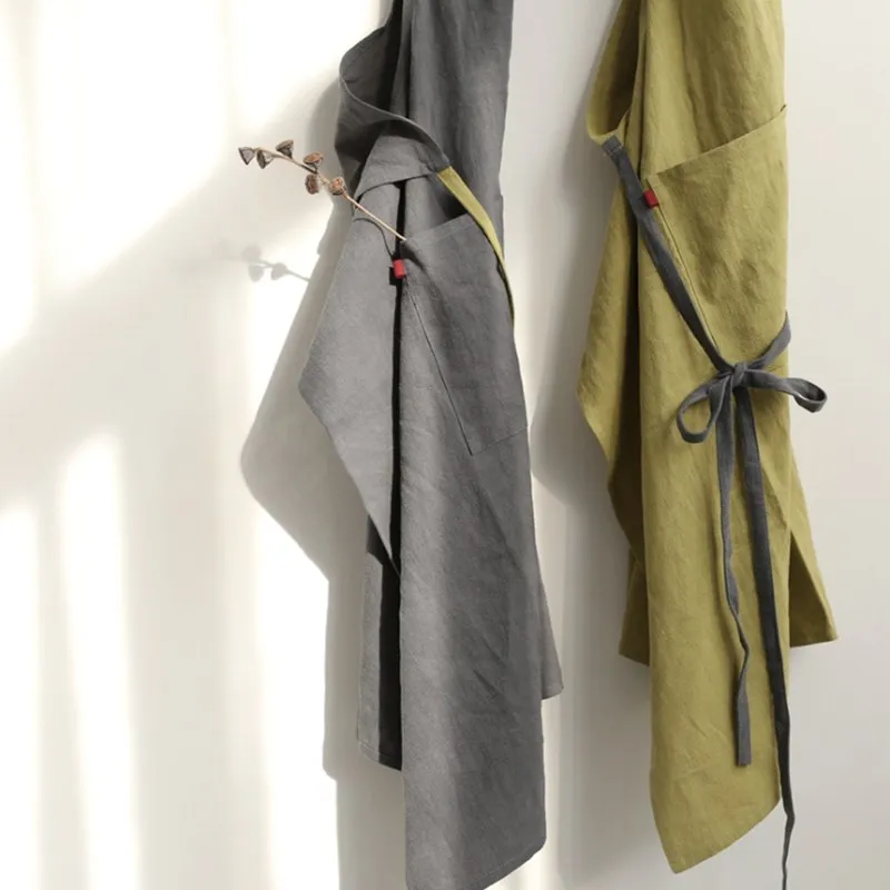 Новый японский супербольшой Кухонный Фартук из хлопка и льна однотонный