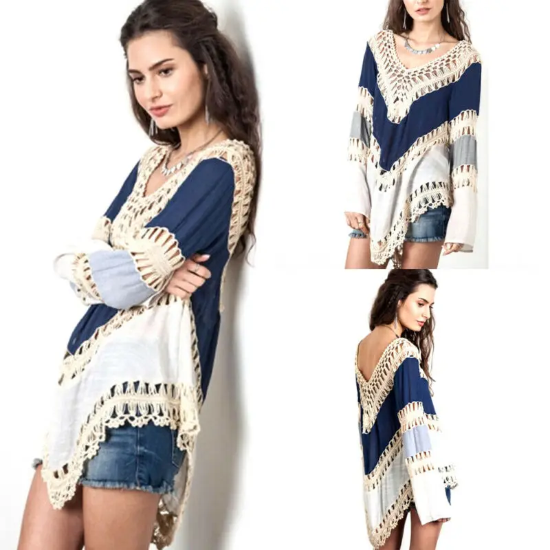 Женские летние винтажные топы кружевная трикотажная футболка с длинным рукавом