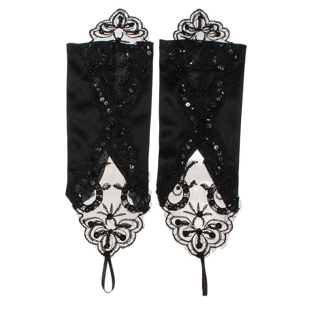 

1pair Adults Stretch For Wedding Long Party Black Embroidered Charming Fashion Bridal Women Lace Fingerless Gloves