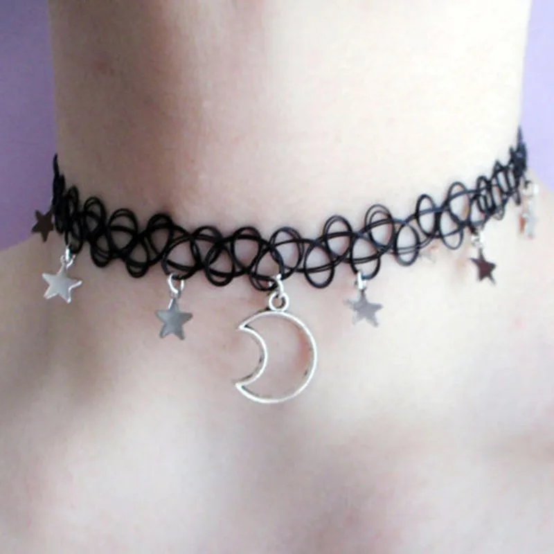 

Harajuku Style Goth Black Hollow Mesh Elasticity Chokers Collar For Women Fashion Punk Moon Star Pendant Short Necklaces Jewelry