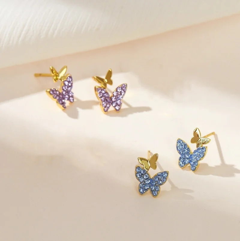 

E16 S925 Silver Pin Full of Drill Personality Small Butterfly Earrings Sen Sweet Multi-color Drill Butterfly Earrings Female Ins