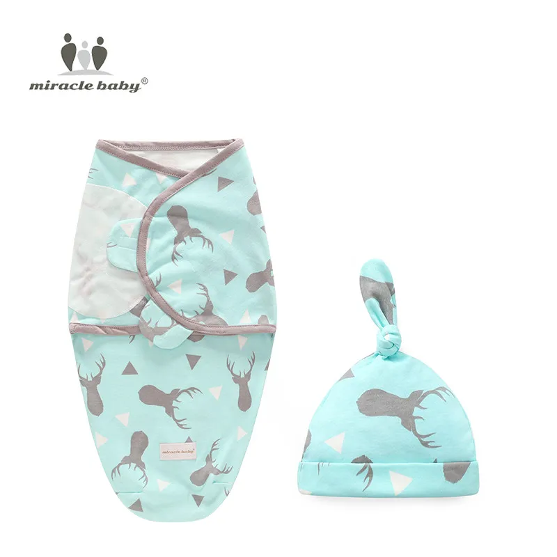 2 Pieces Set Newborn Swaddle Wrap+Hat Cotton Baby Receiving Blanket Bedding Cartoon Cute Infant Sleeping Bag For 0-6 Months - Color: Grey fawn Set  L
