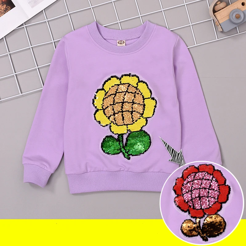 purple flower Новая футболка с рисунком Совы футболки с блестками для девочек-подростков, хлопковая Детская рубашка Топы с длинными рукавами для маленьких девочек, осенняя одежда - Цвет: purple flower