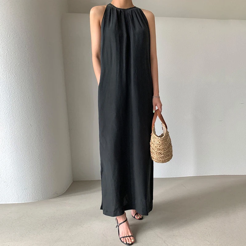 

Kimotimo Solid Sleeveless Dress for Women Summer Simplicity Off-shoulder Halter Waist Belt Long Dresses Korean Vintage Fashion