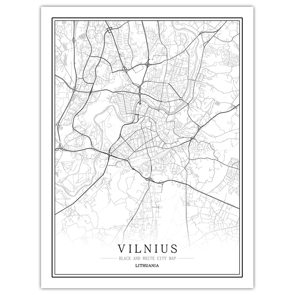 Литовский черный белый мир Карта города плакат Скандинавская гостиная Vilnius ROKISKIS настенные художественные картины Домашний декор холст живопись - Цвет: Vilnius