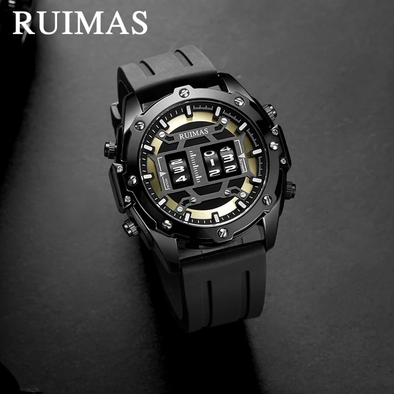 RUIMAS Luxury Brand Men Watch Rolling Time Sport Rubber Strap Wristwatch Waterproof Military Quartz Watches Relogio Masculino | Наручные