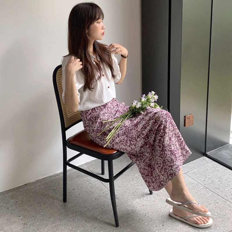 

Summer Women Two Piece Set Top and Pants Korean Style Short Sleeve Single Breasted Top and High Waist Floral Print Bodycon Skirt