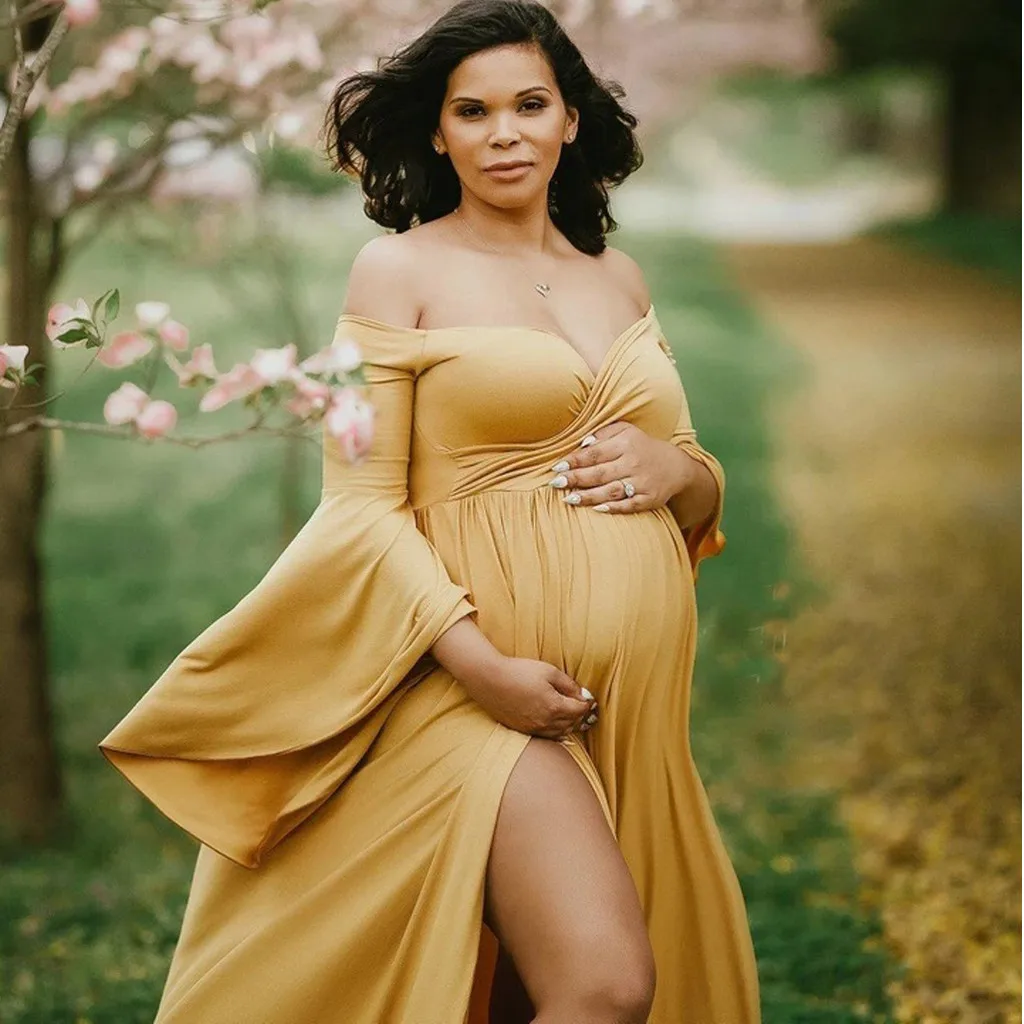 

2020 New Maternity Photography Props Dress Art Photo Dress Pregnants Photography Off Shoulder Long Sleeve Maternity Solid Dress
