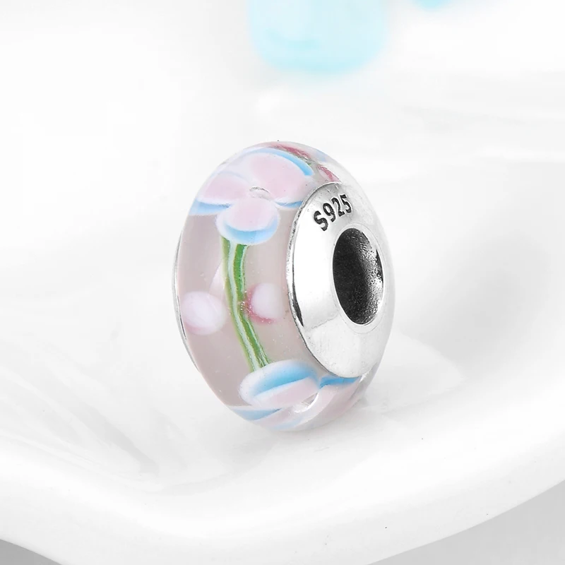 Модные Розовые цветы Стерлинговое Серебро 925 пробы муранское стекло Женские