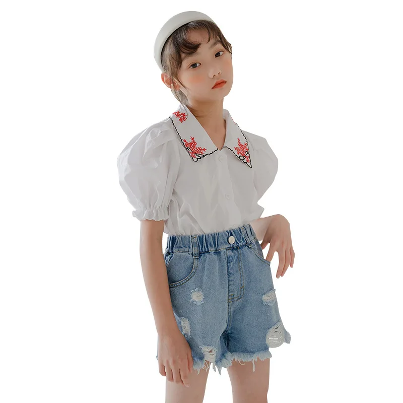 

Summer Girls White Blouse Turn-down Collar Puff Sleeve Tops Kids School Clothes 2021 Fashion Princess Style Children Shirt 14 Y