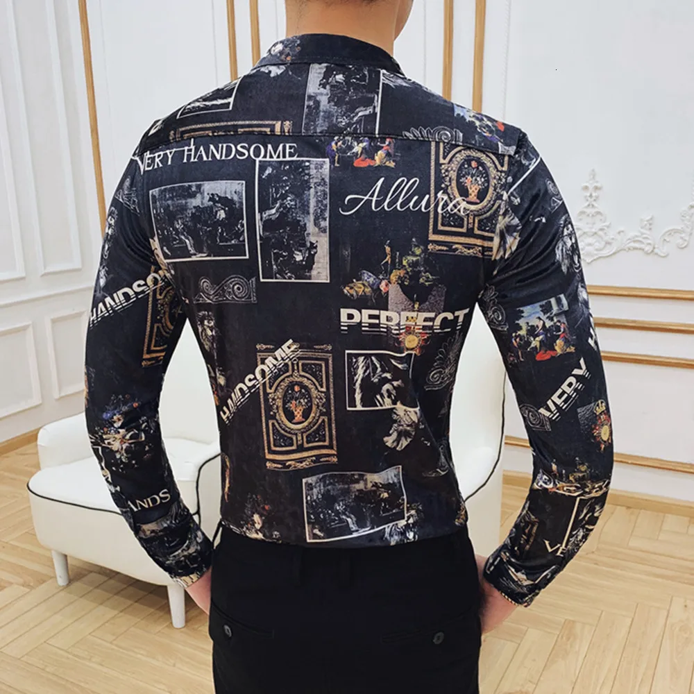 

Winter Retro Velour Print Men Shirt Casual Slim Fit Long Sleeve Shirts