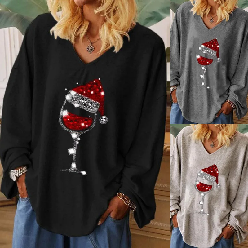 

New Long-Sleeved Christmas Ladies T-shirt Fashion Casual Loose V-Neck Red Wine Glass Print Pullover Women Plus Size S-5XL