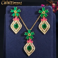 cwwzircons elegant 585 gold red green cz stone fancy flower drop earrings pendant necklace jewelry sets for women t389